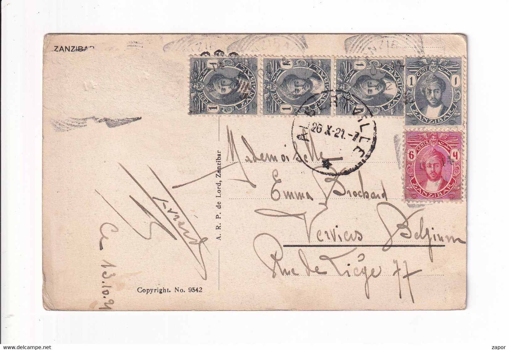 Postkaart / Carte Postale - Zanzibar 1921 - Naar Verviers - H.H. The Sultan Of Zanzibar - Zanzibar (1963-1968)