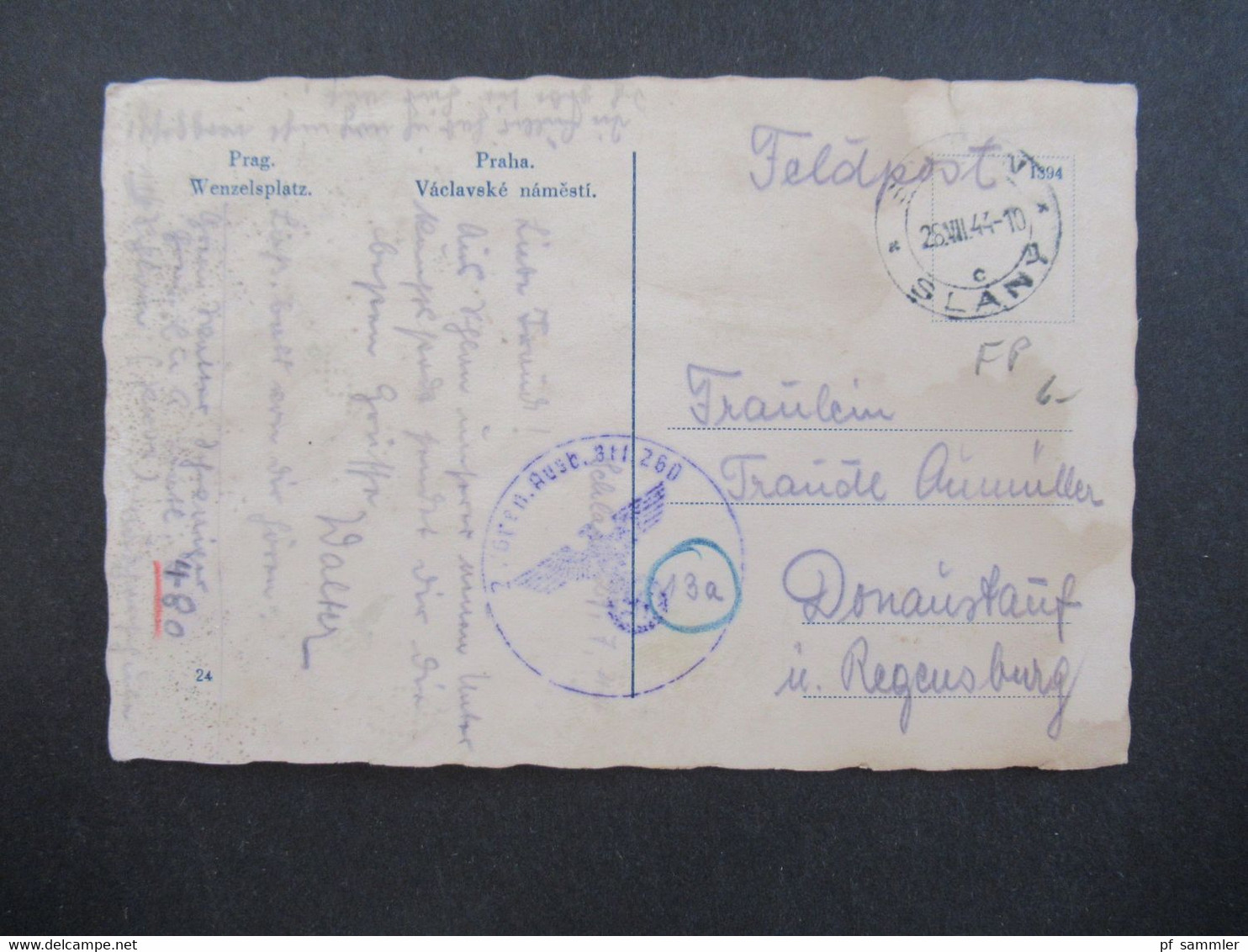 Feldpost 2.WK 3.Reich 1944 Böhmen Und Mähren AK Prag Wenzelsplatz Briefstempel 2.Gren. Ausb. Btl. 260 - Lettres & Documents