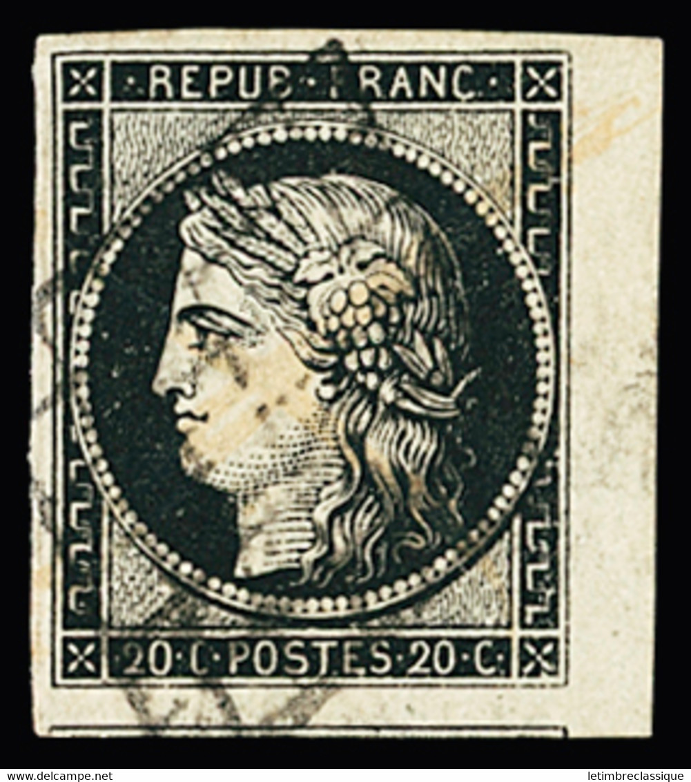 Obl N°3a 20c Noir Sur Blanc, Obl. Grille Et Plume, Bord De Feuille, Voisin En Bas, TB. Signé Calves - 1849-1850 Cérès