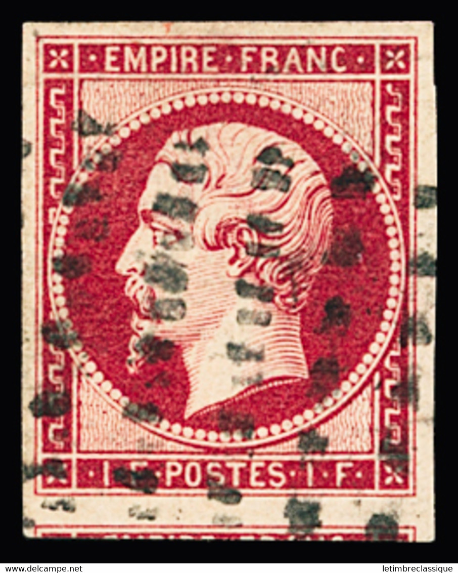 Obl N°18 1f Carmin Oblitéré Gros Points, Voisin En Bas, TTB. Signé Calves - 1853-1860 Napoleone III