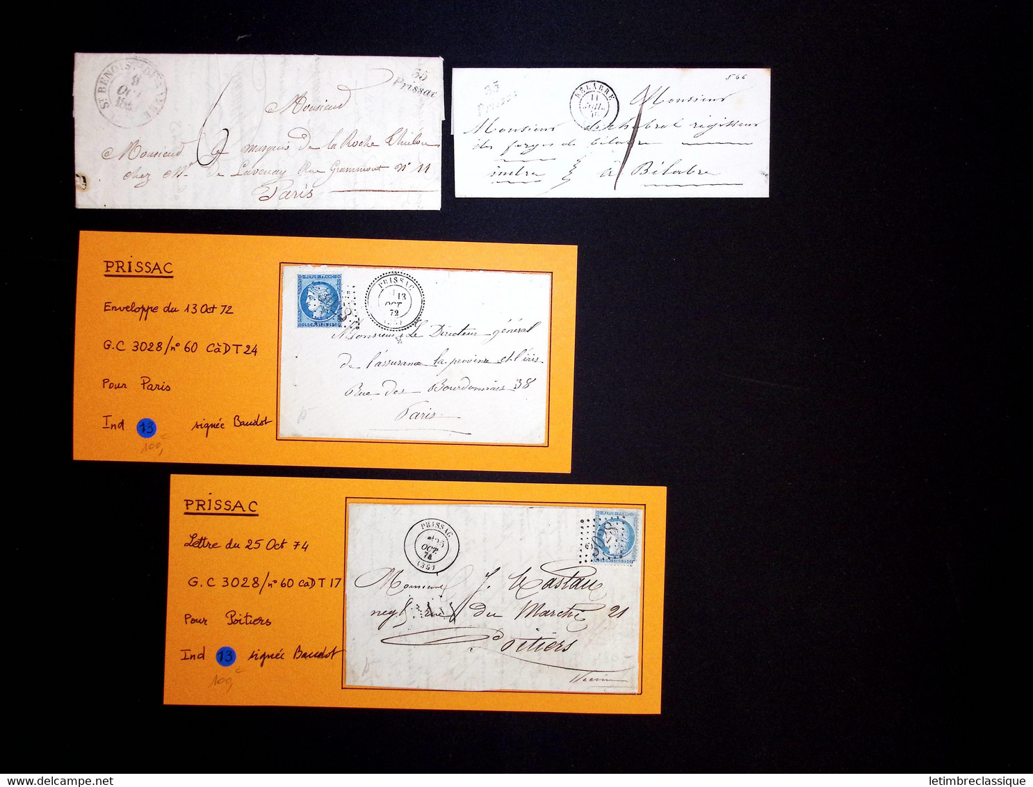 Lettre PRISSAC : 6 Plis Dont 2 Avec Cursive "35 Prissac" Et 2 Avec CAD T22. TB - 1849-1876: Période Classique