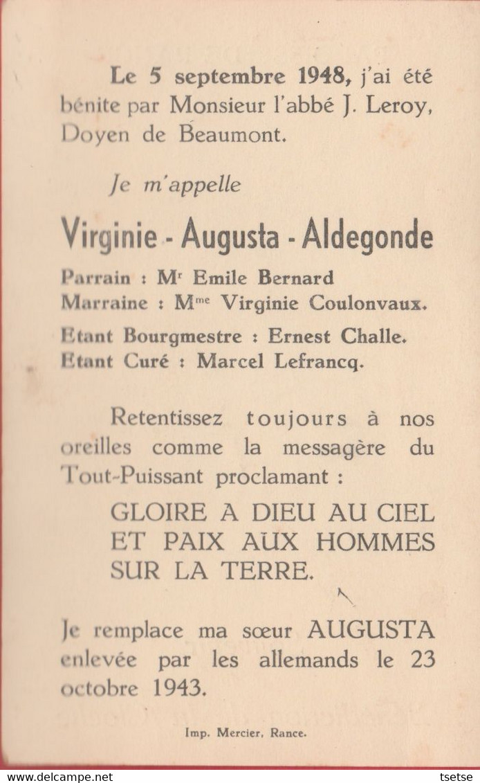 Rance / Paroisse - Souvenir De La Bénédiction De La Cloche, Prénomée " Virginie-Augusta " En 1948  ( Voir Verso ) - Sivry-Rance