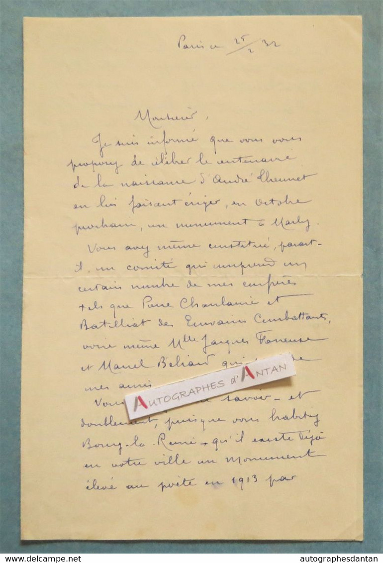 ● L.A.S 1932 Edmond PASQUIER écrivain Et Poète (Nanterre - Malakoff) - André Theuriet - Poincaré Etc - Lettre Autographe - Schriftsteller