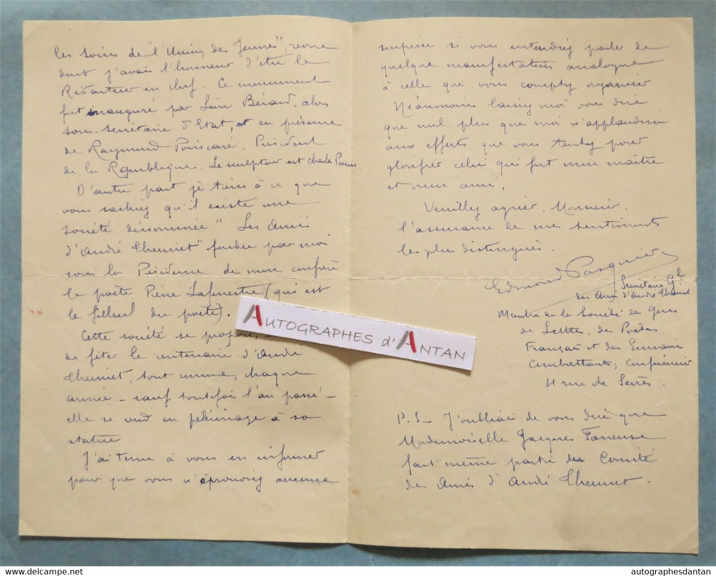 ● L.A.S 1932 Edmond PASQUIER écrivain Et Poète (Nanterre - Malakoff) - André Theuriet - Poincaré Etc - Lettre Autographe - Schriftsteller