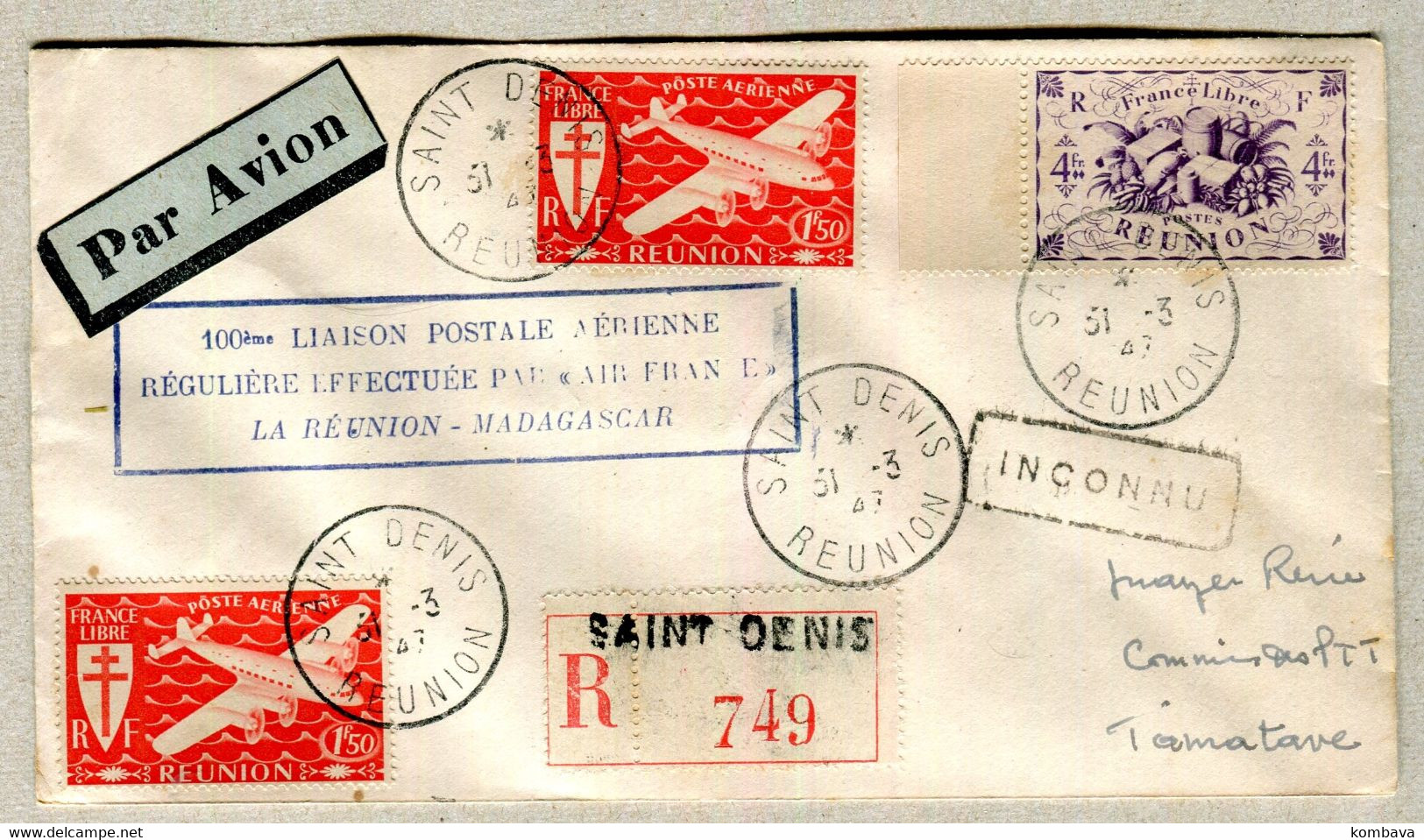 Premiere Liaison Postale REUNION - MADAGASCAR 1947 - Recommandé (Im 305 - 4) - ...-1955 Prefilatelia