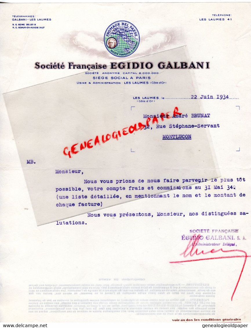 21- DIJON- RARE LETTRE FROMAGE BEL PAESE-EGIDIO GALBANI-1934- ANDRE BRUNAT 32 RUE STEPHANE SERVANT MONTLUCON - Lebensmittel