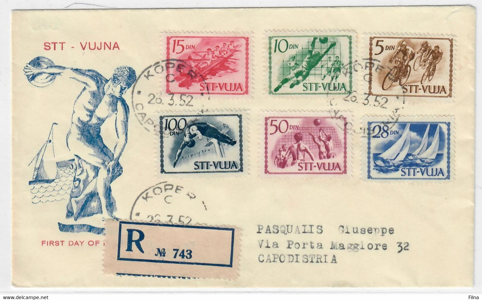 TRIESTE B VUJA 1952  - SPORT - SERIE COMPLETA SU FDC VIAGGIATA RACCOMANDATA - Marcofilie