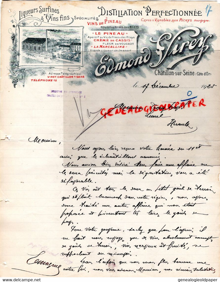 21- CHATILLON SUR SEINE- RARE LETTRE MANUSCRITE EDMOND VIREY-DISTILLERIE VINS PINEAU-LA MARCELLINE-1925 LUNEL - Lebensmittel