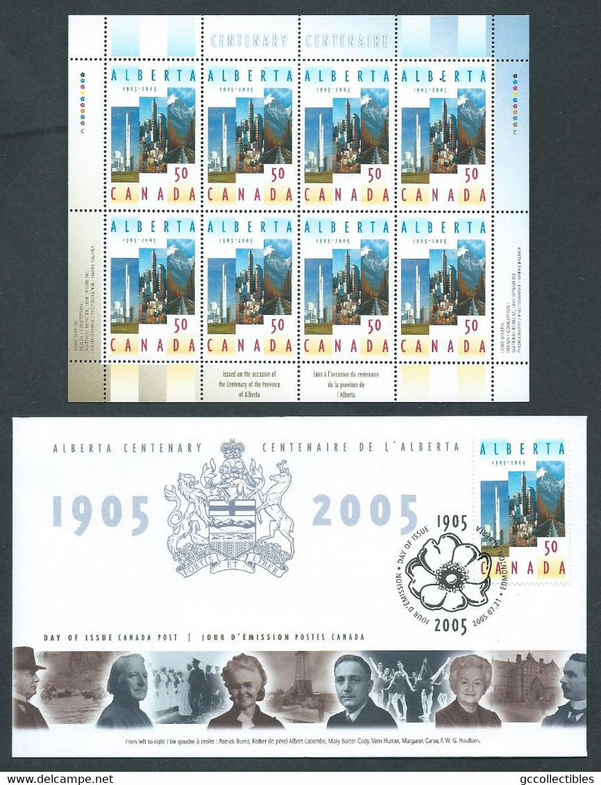 Canada # 2116 - Full Pane Of 8 MNH + FDC - Alberta Centennial - Feuilles Complètes Et Multiples