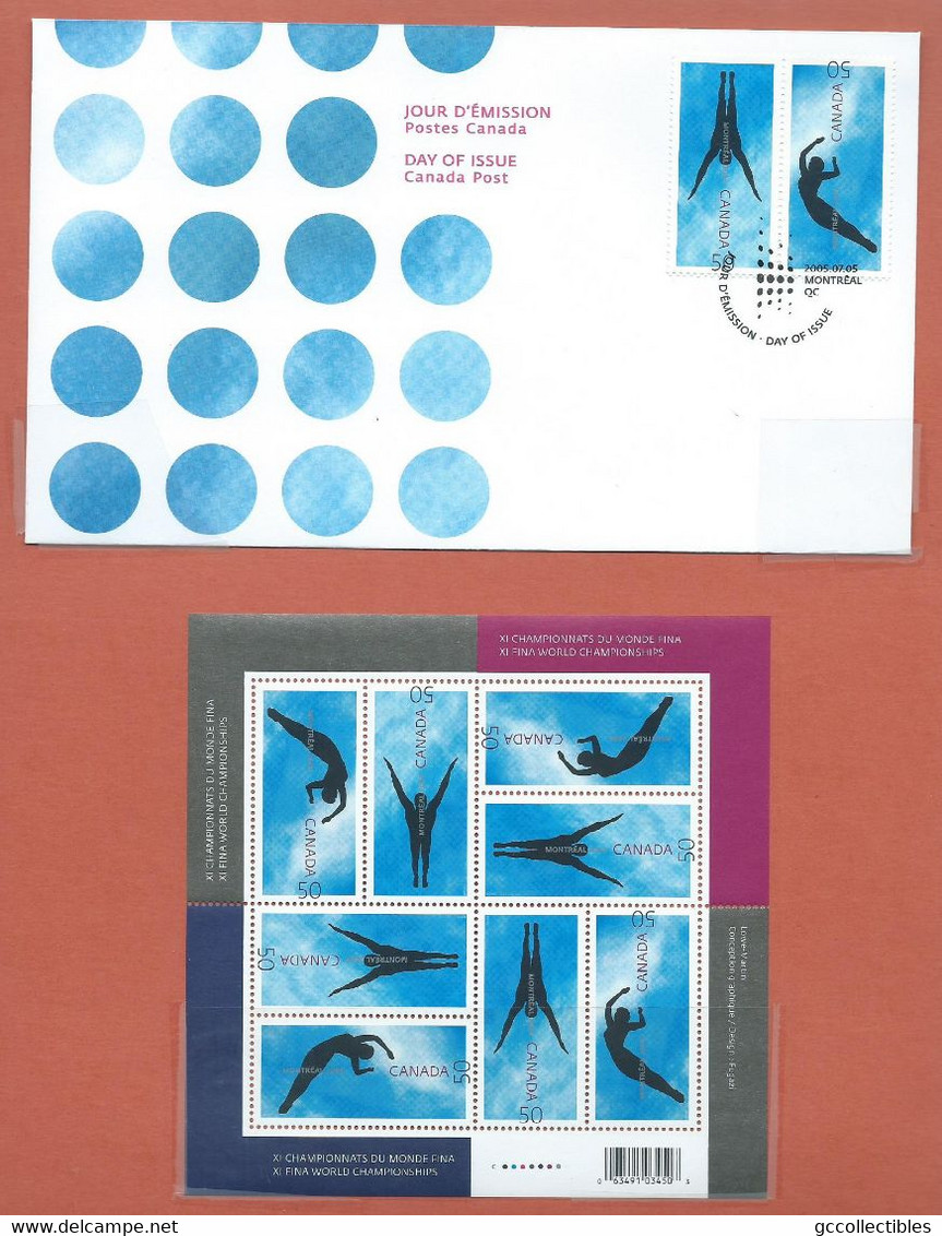 Canada # 2114a (2113-2114) - Full Pane Of 8 MNH + Combo FDC - X1 FINA World Championships - Hojas Completas