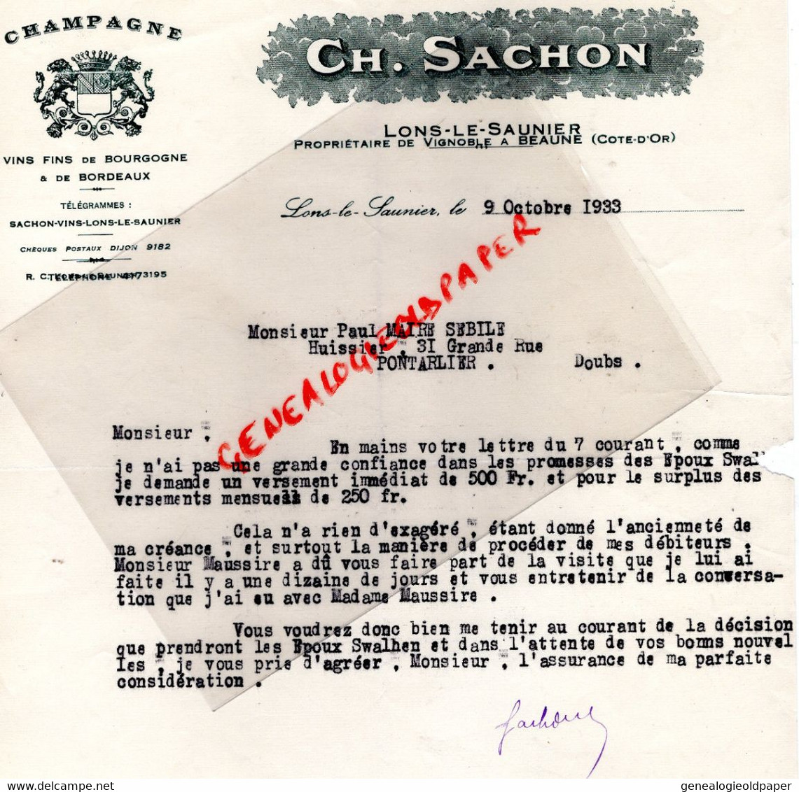 21- BEAUNE-39-LONS SAUNIER-LETTRE CH. SACHON-PROPRIETAIRE CHAMPAGNE BOURGOGNE-1933-MAUL MAIRE SEBILE PONTARLIER - Food