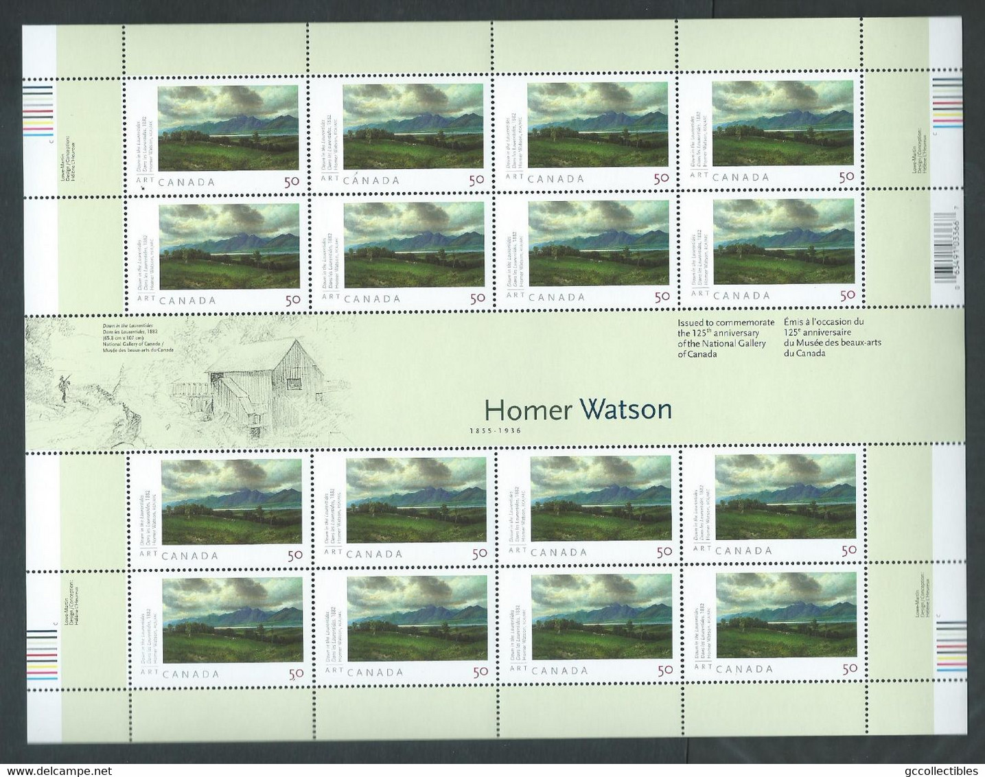 Canada # 2109 - Full Pane Of 16 + Horizontal Gutter MNH - Art Canada: Homer Watson - Hojas Completas