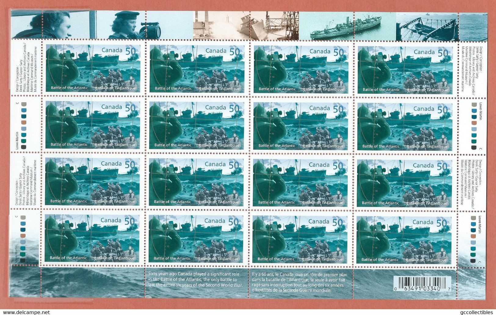 Canada # 2107 - Full Pane Of 16 MNH - Battle Of The Atlantic - Hojas Completas