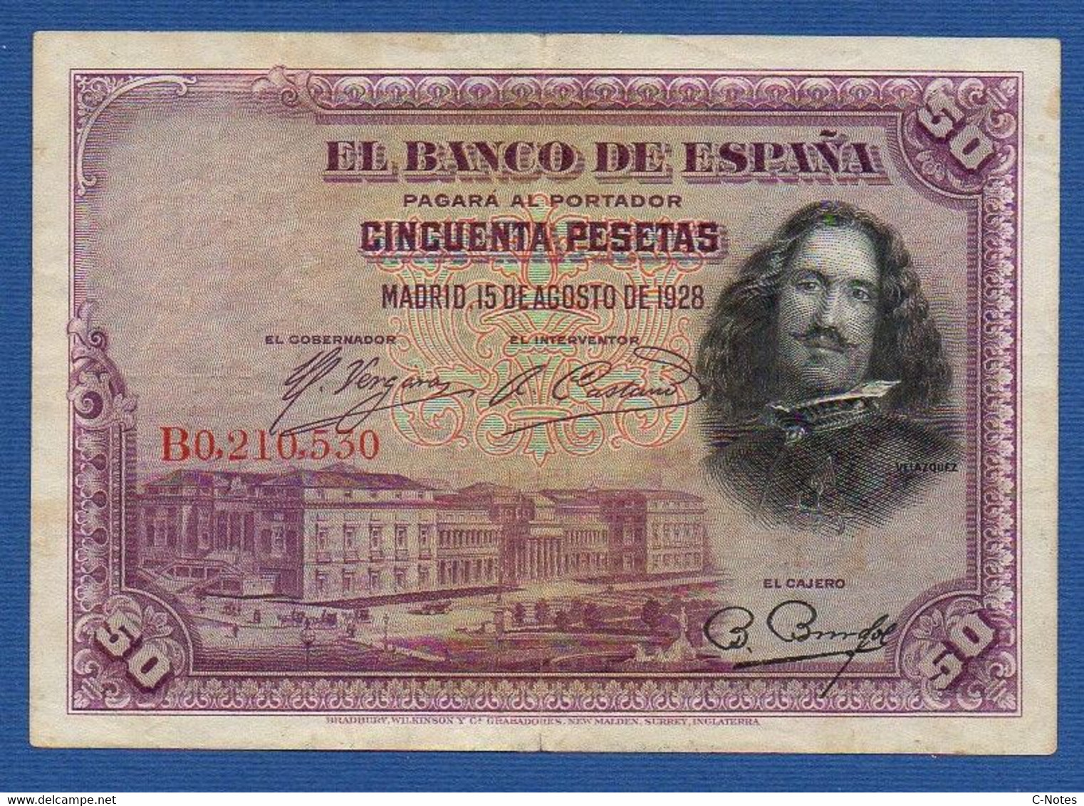 SPAIN - P. 75b – 50 PESETAS 1928 AVF, Serie B0,210,530 - 50 Pesetas