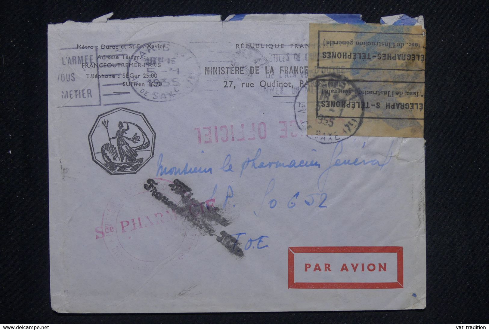FRANCE - Bande De Réparation Des PTT Sur Enveloppe De Ministère Pour SP 50. 652 En 1955 - L 134749 - Unfallpost