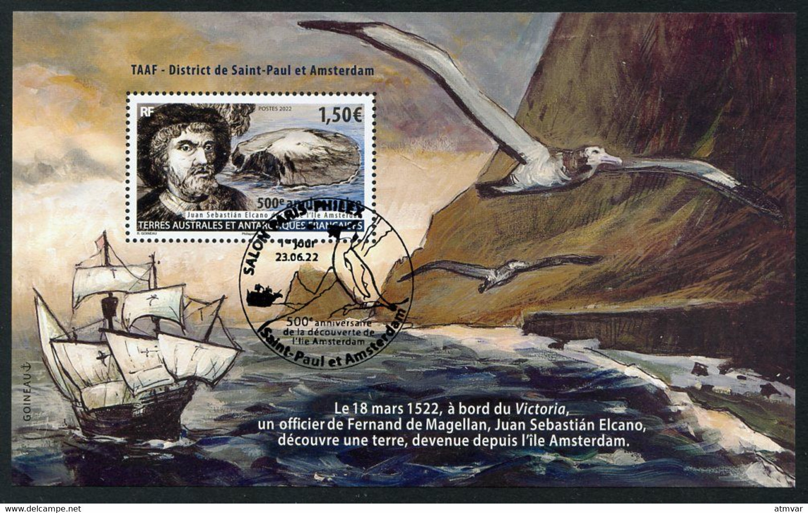 TAAF (2022) Juan Sebastián Elcano Découvre L'île Amsterdam à Bord Du Nao Victoria, 1522 500e Anniv. - First Day - Used Stamps