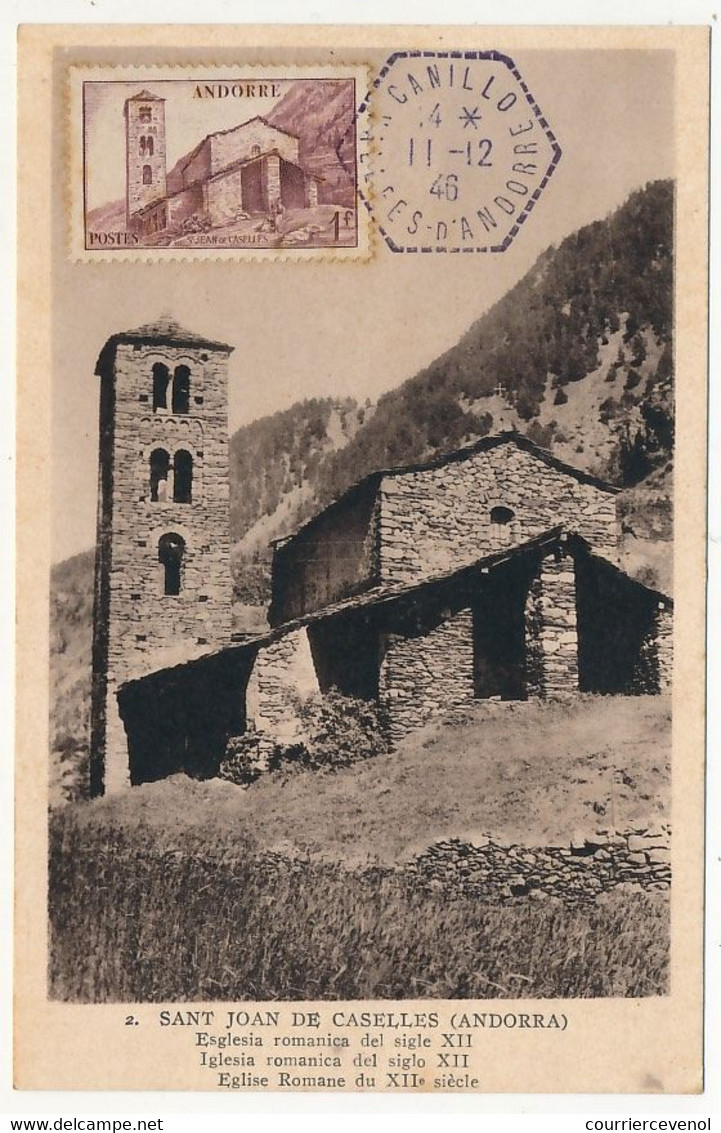 ANDORRE - Carte Maximum - 1F Saint Jean De Caselles - Obl Hexagonale Canillo Vallées D'Andorre 11/12/1946 - Maximumkarten (MC)