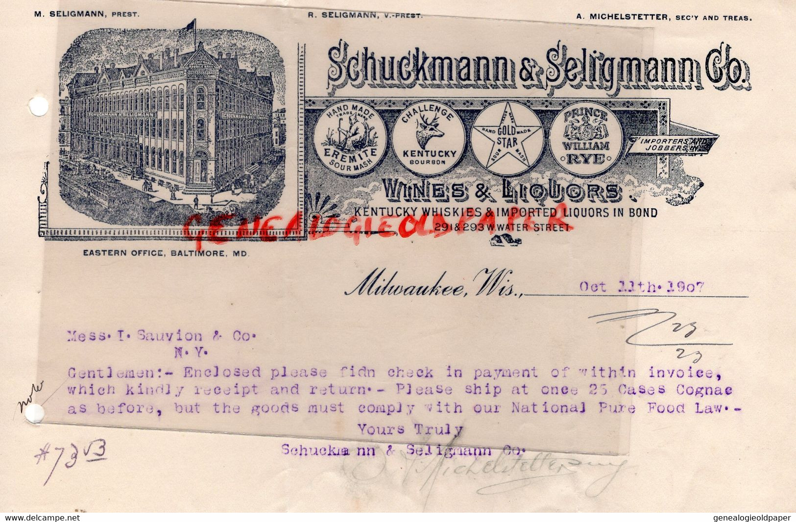 ETATS UNIS AMERIQUE- MILWAUKEE-BALTIMORE  LETTRE SCHUCKMANN SELIGMANN-WINES LIQUORS-KENTUCKY WHISKIES-  1907 - Etats-Unis