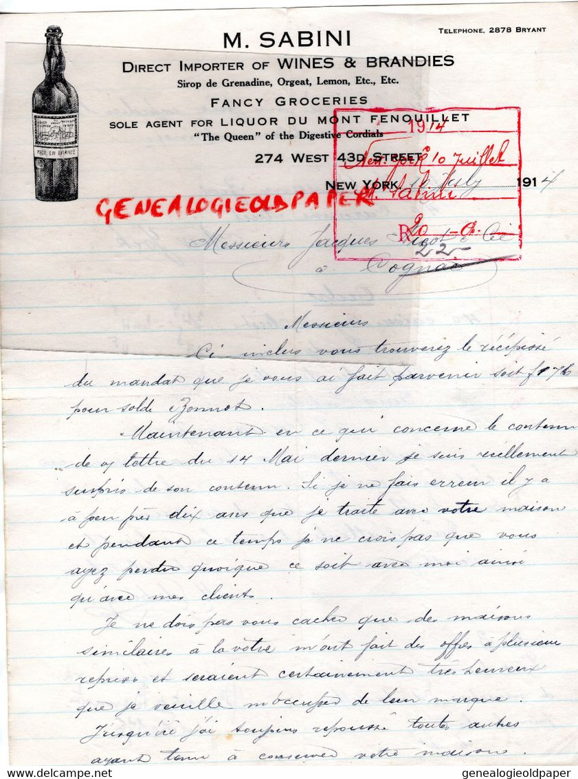 ETATS UNIS AMERIQUE- NEW YORK-M. SABINI WINES BRANDIES-LIQUOR DU MONT FENOUILLET-274 WEST - 1914 JACQUES NICOT COGNAC - United States