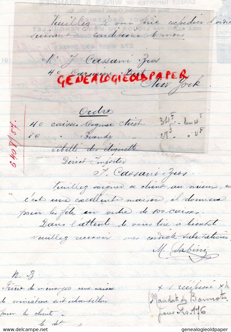 ETATS UNIS AMERIQUE- NEW YORK-M. SABINI WINES BRANDIES-LIQUOR DU MONT FENOUILLET-274 WEST - 1914 JACQUES NICOT COGNAC - United States