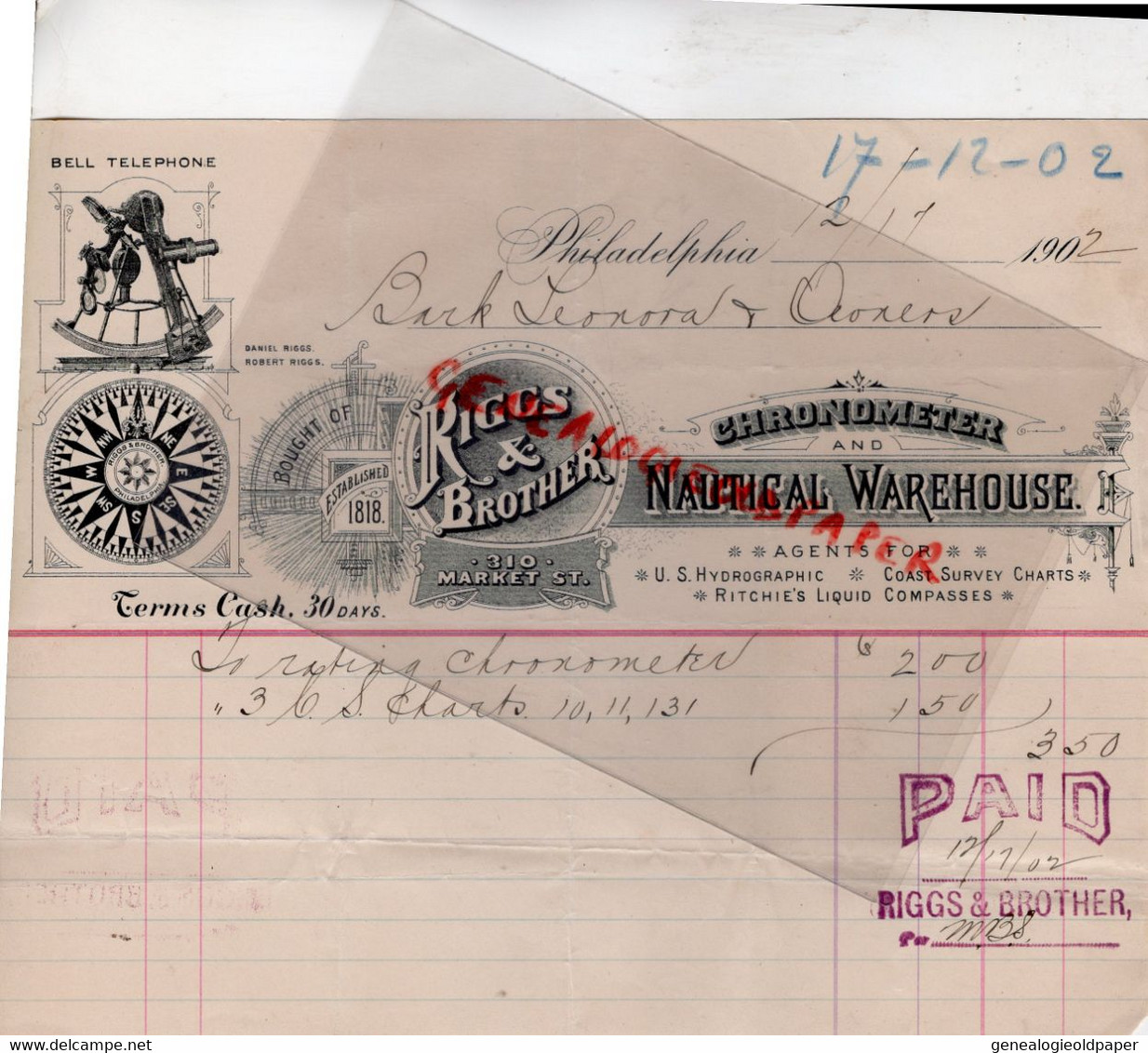 ETATS UNIS AMERIQUE- PHILADELPHIA- RARE LETTRE RIGGS & BROTHER-CHRONOMETER NAUTICAL WAREHOUSE-310 MARKET STREET-1902 - Etats-Unis