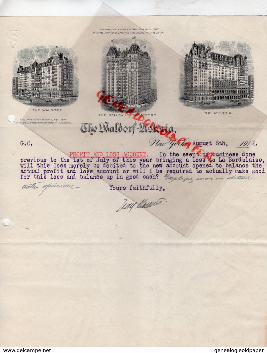 United States - ETATS UNIS AMERIQUE- NEW YORK- LETTRE THE WALDORF ASTORIA-THE  BELLEVUE STRATTFORD- 1912