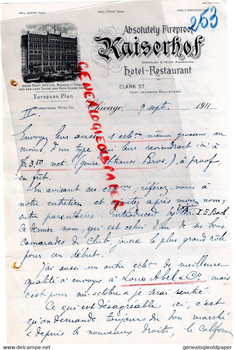 ETATS UNIS AMERIQUE- CHICAGO- RARE LETTRE HOTEL RESTAURANT KAISERHOF-ROESSLER & TEICH- PROPRIETORS-1911 - USA
