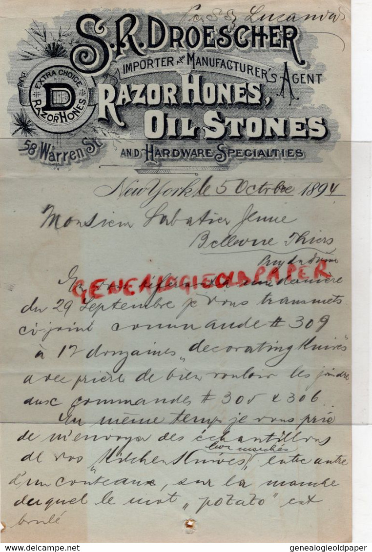 ETATS UNIS AMERIQUE- NEW YORK -RARE LETTRE S. R. DROESCHER -RAZOR HONES CUTLERY- 58 WARREN STREET-1894-SABATIER THIERS - Estados Unidos