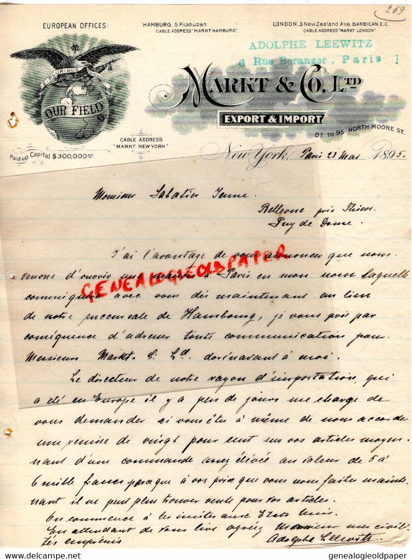 ETATS UNIS AMERIQUE-NEW YORK-HAMBOURG-LONDON-RARE LETTRE OUR FIELD- MARKT & CO-ADOLPHE LEEWITZ-6 RUE BARANGER PARIS-1895 - Verenigde Staten