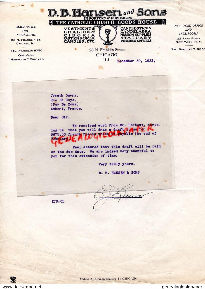 ETATS UNIS AMERIQUE-CHICAGO- LETTRE D.B. HANSEN AND SONS-THE CATHOLIC CHURCH GOODS HOUSE-23 FRANKLIN STREET-1933 - Estados Unidos
