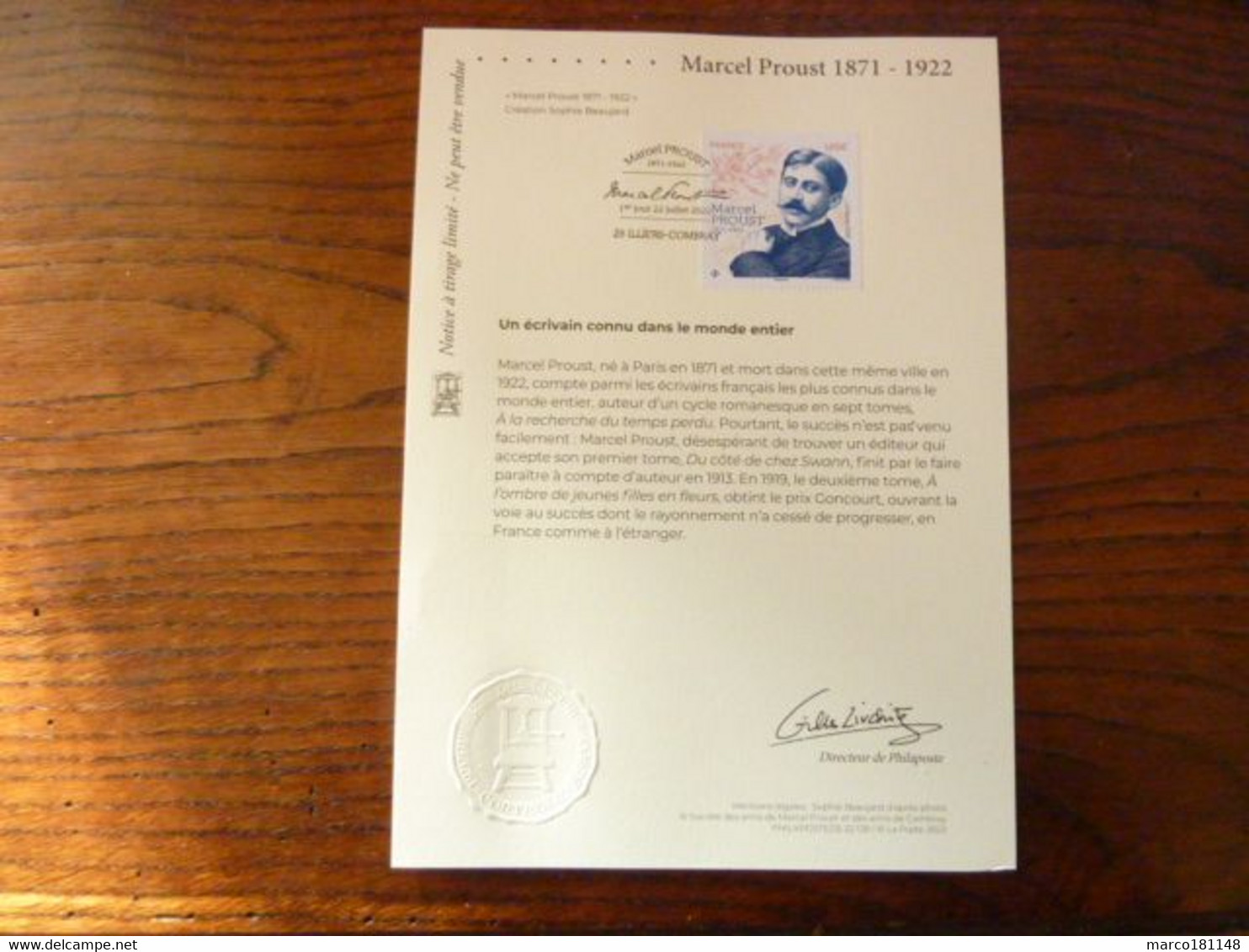 Notice Reprenant Le Timbre De Marcel PROUST - Premier Jour 22 Juillet 2022 - Collectors