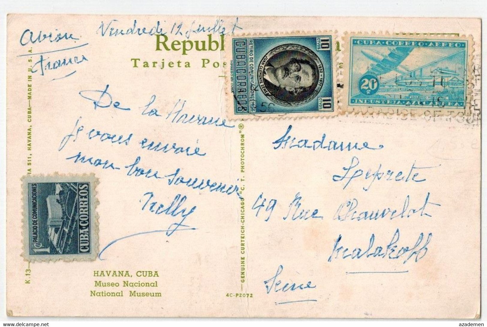 CUBA  Cp Pour La FRANCE  1956 - Lettres & Documents