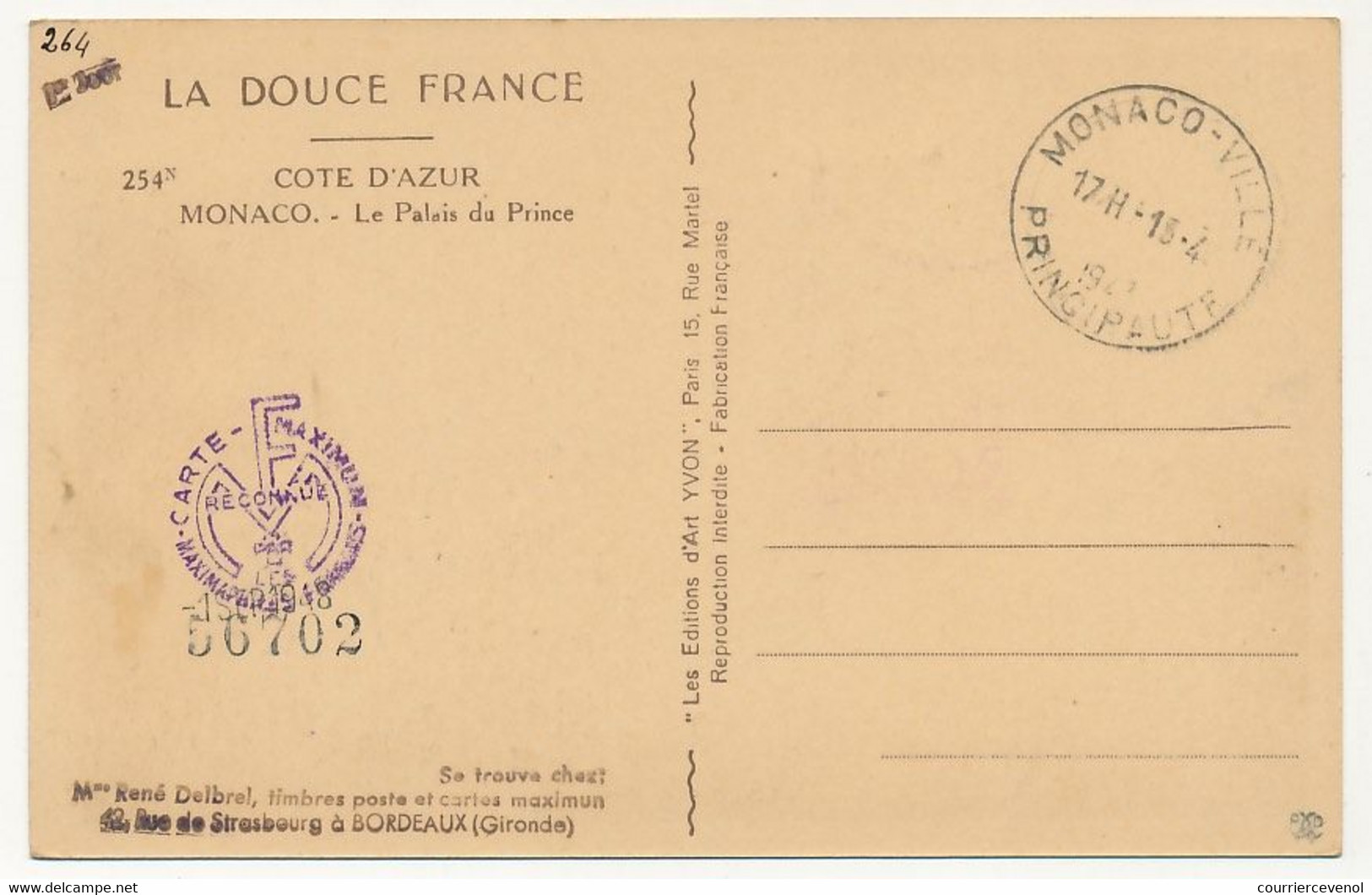 MONACO => Carte Maximum => 4.50F Le Palais - Monaco-ville Principauté 17/11/1946 - Maximumkarten (MC)