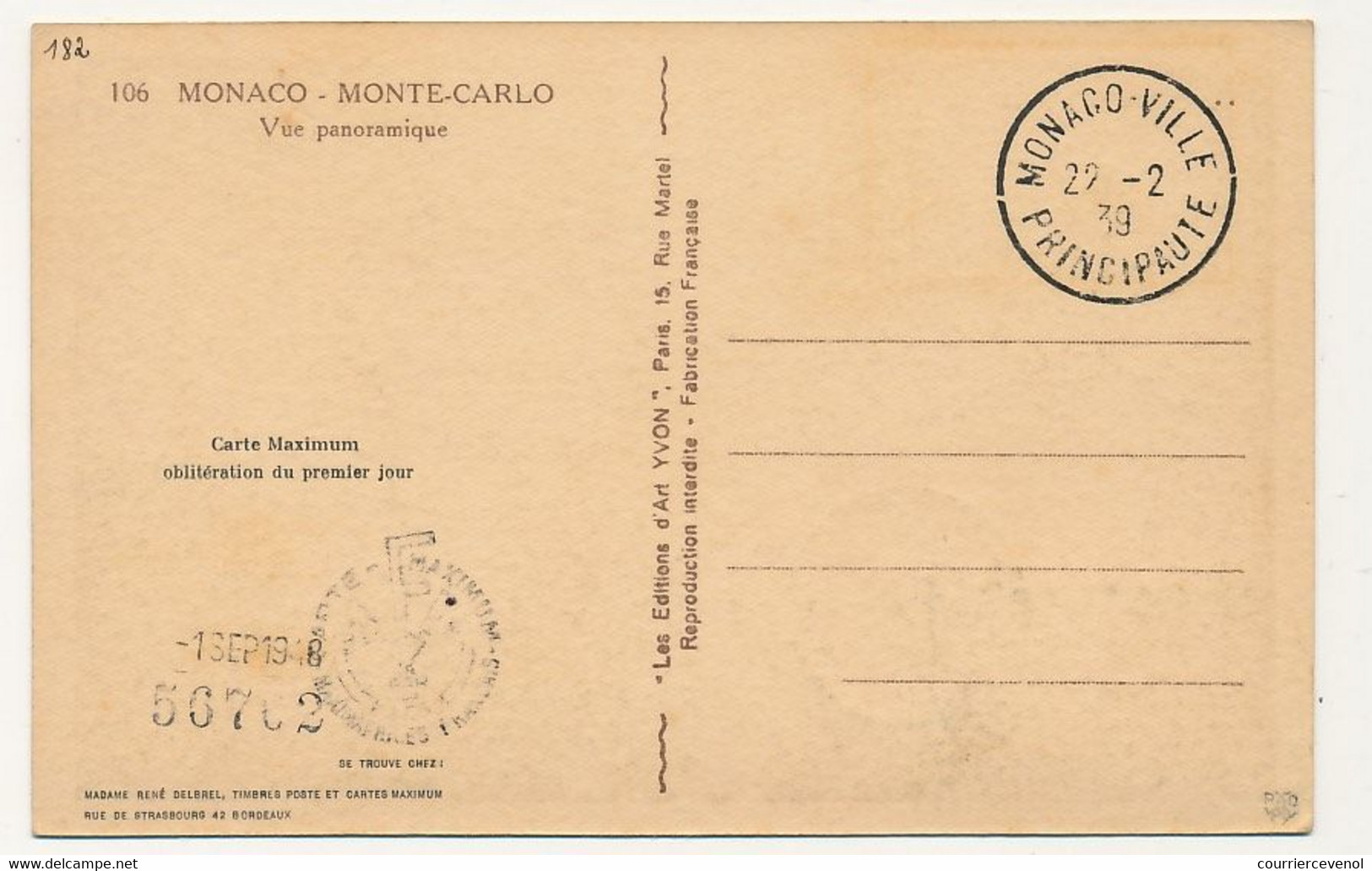 MONACO => Carte Maximum => 10F Vue Panoramique - Monaco-ville Principauté 22/2/1939 - Cartas Máxima