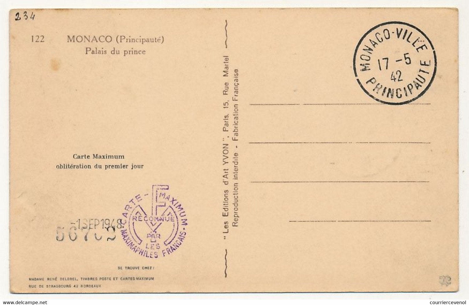 MONACO => Carte Maximum => 1,30F Le Palais -  Monaco-Ville Principauté 17/2/1942 - Maximum Cards