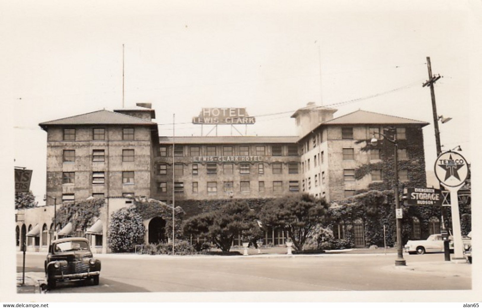 Lewiston Idaho, Hotel Lewis & Clark, Texaco Gas Station, Auto, C1950s Vintage Real Photo Postcard - Lewiston