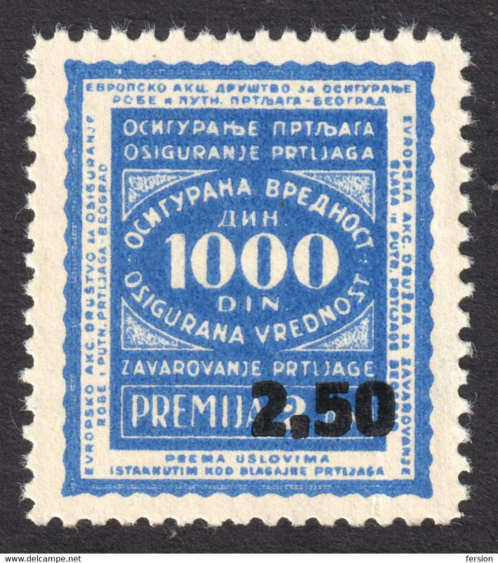 Train Railway INSURANCE Baggage Travel Transport Label Vignette Tax Revenue 1000 Din OVERPRINT 2.50 Yugoslavia 1930's - Officials