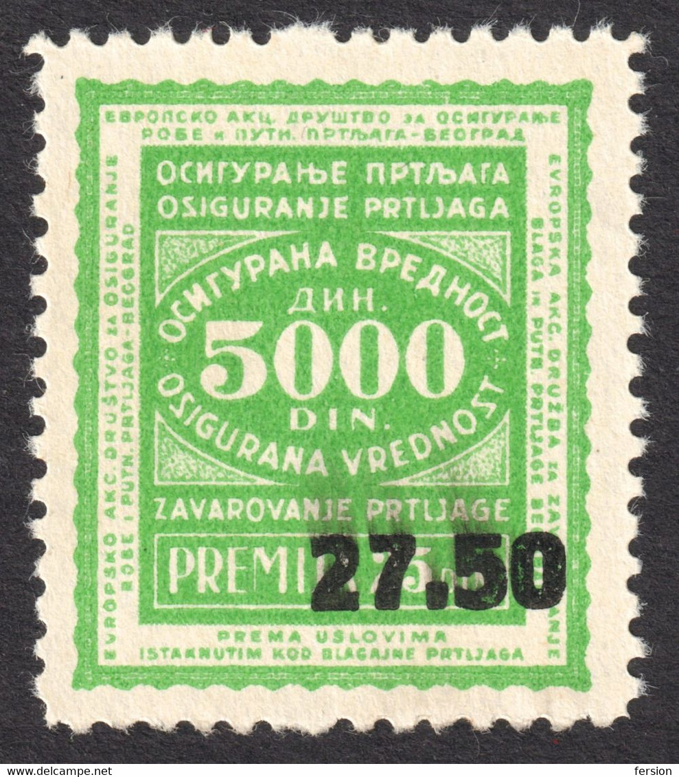 Train Railway INSURANCE Baggage Travel Transport Label Vignette Tax Revenue 5000 Din OVERPRINT 27.50 Yugoslavia 1930's - Dienstmarken