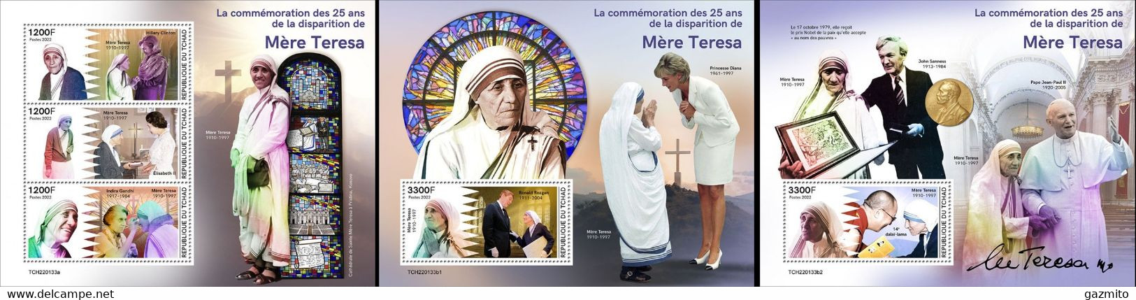 Tchad 2022, Mother Teresa, 3val In BF+2BF IMPERFORATED - Mother Teresa