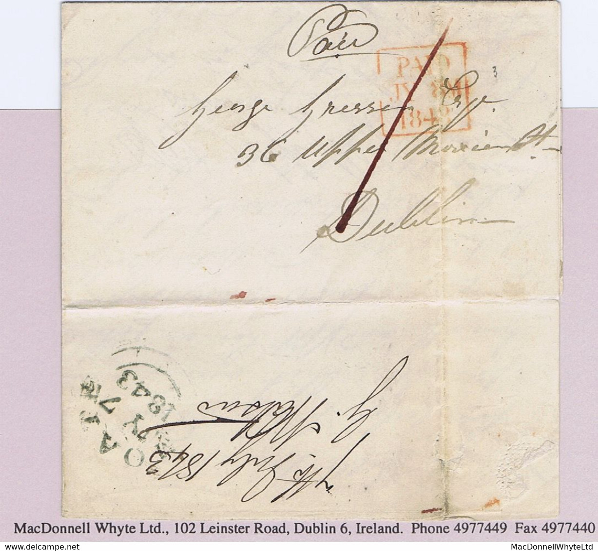 Ireland Westmeath Uniform Penny Post 1844 Cover Streamstown To Dublin Prepaid "1" With MOATE JY 7 1843 Cds In Green - Prephilately