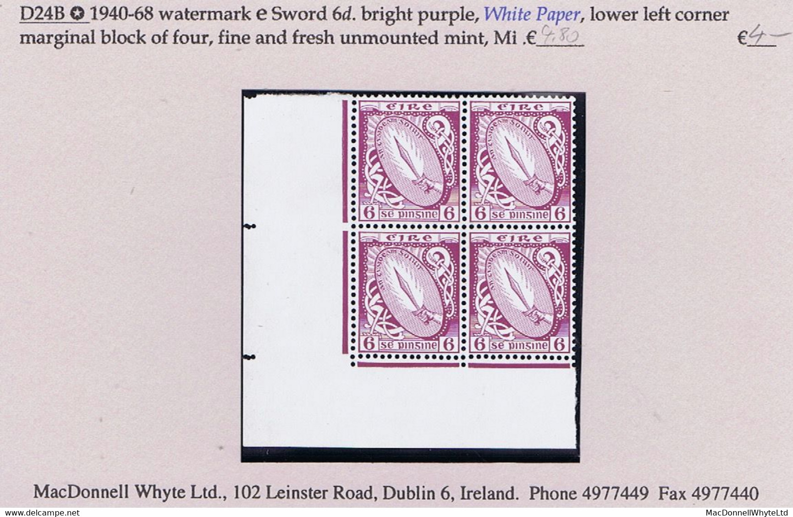 Ireland 1940-68 Watermark E Sword 6d Bright Purple On White Paper Corner Block Of 4 Fine And Fresh Mint Unmounted Never - Nuovi