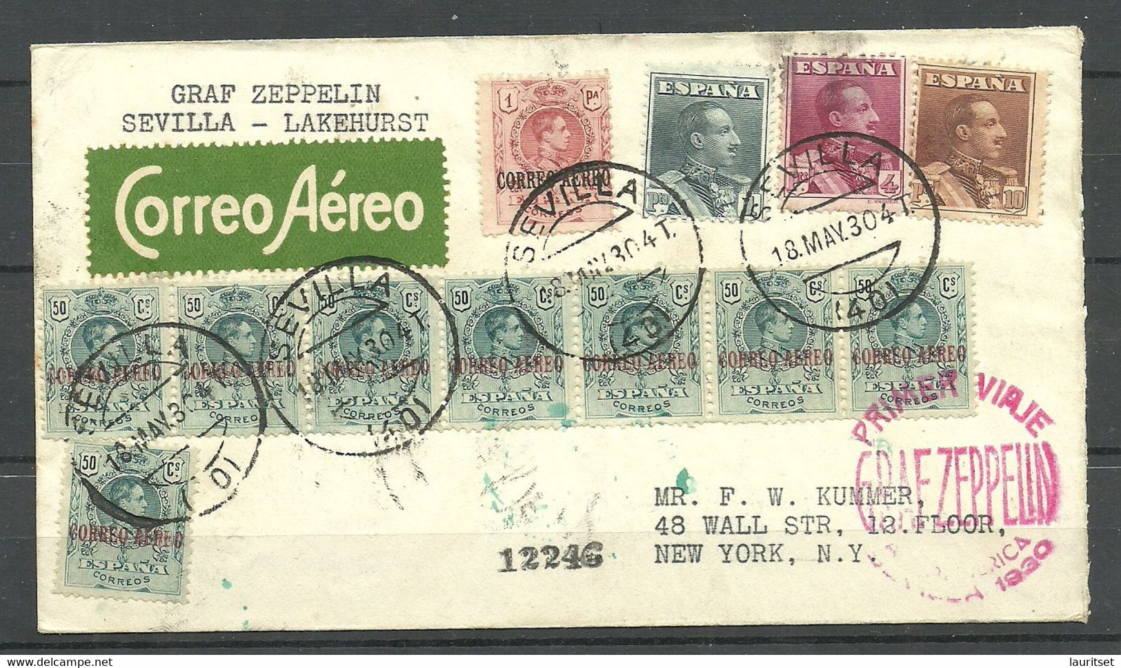 SPAIN Spanien Espana 18. May 1930 Graf Zeppelin Cover Sevilla-Lakehurst USA Zeppeline Correo Aereo - Cartas & Documentos