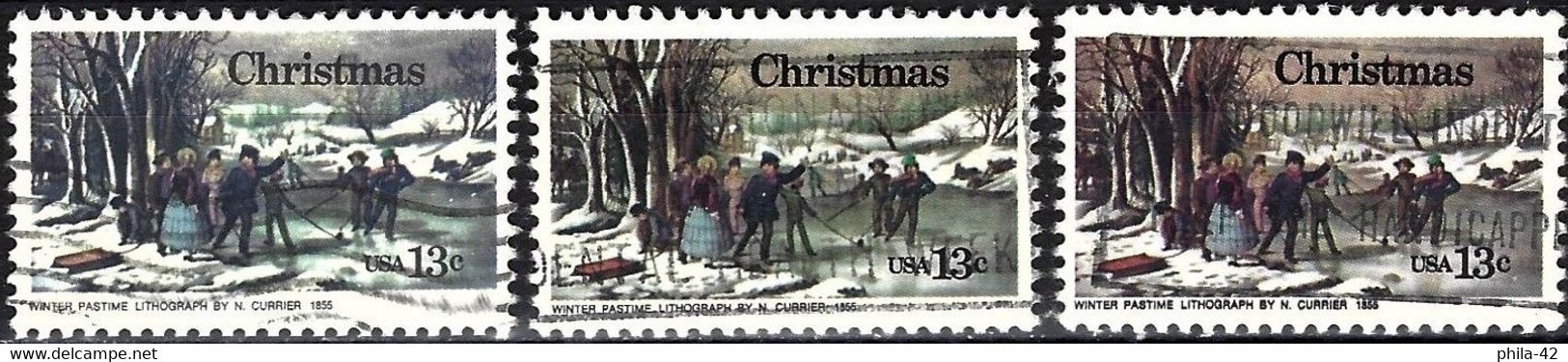 United States 1976 - Mi 1288a/b - YT 1146 ( Christmas : Painting By Nathaniel Currier ) Three Shades Of Color - Variétés, Erreurs & Curiosités