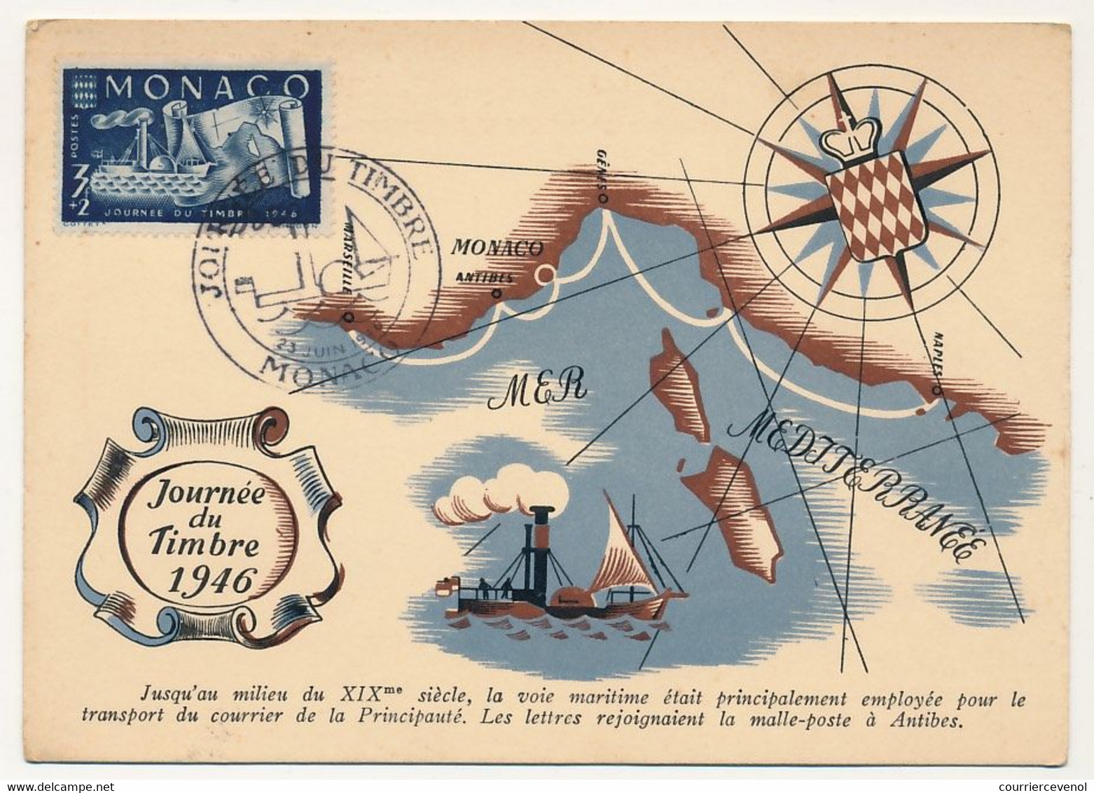 MONACO => Carte Maximum => 3F + 2F Journée Du Timbre 1946 - MONACO - 23 Juin 1946 - Cartas Máxima