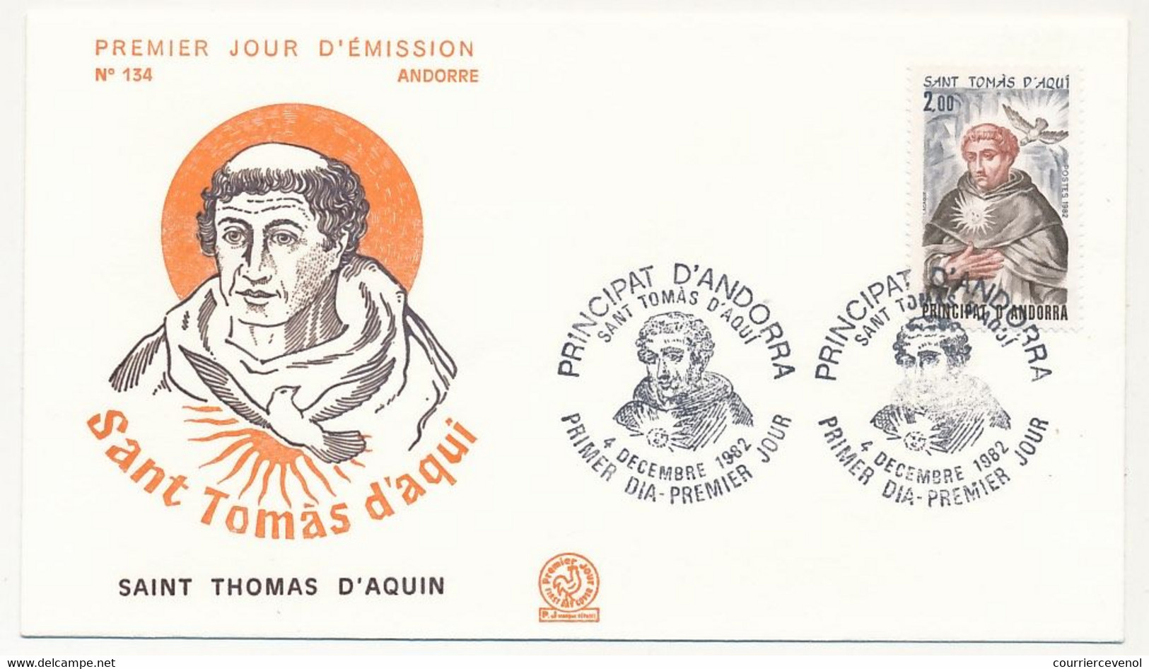 ANDORRE => Enveloppe FDC => 2,00 Saint Thomas D'Aquin - Principat D'Andorra - 4 Déc 1982 - FDC