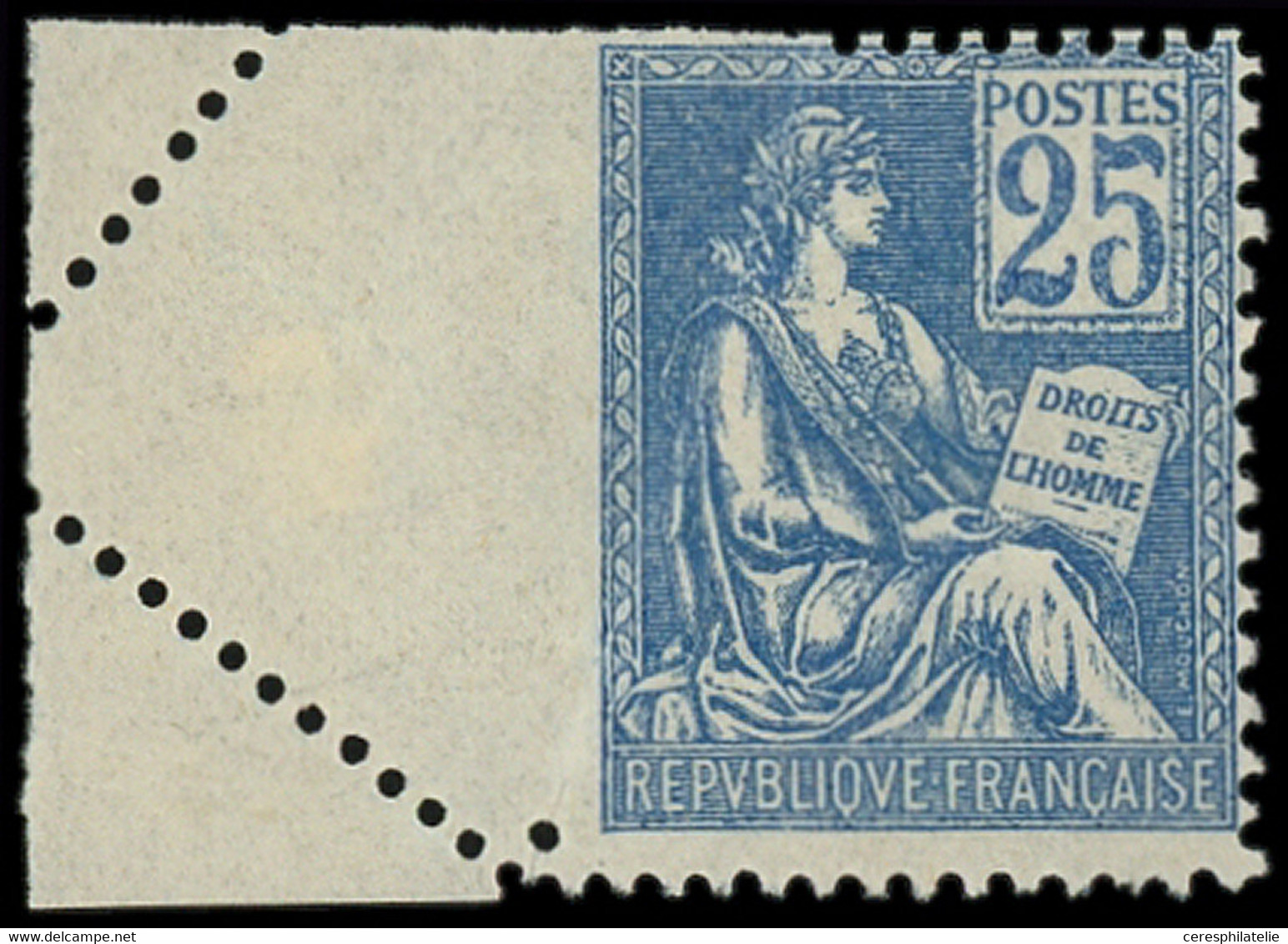 ** VARIETES - 114   Mouchon, 25c. Bleu, PIQUAGE OBLIQUE, Bdf, TB - Unused Stamps