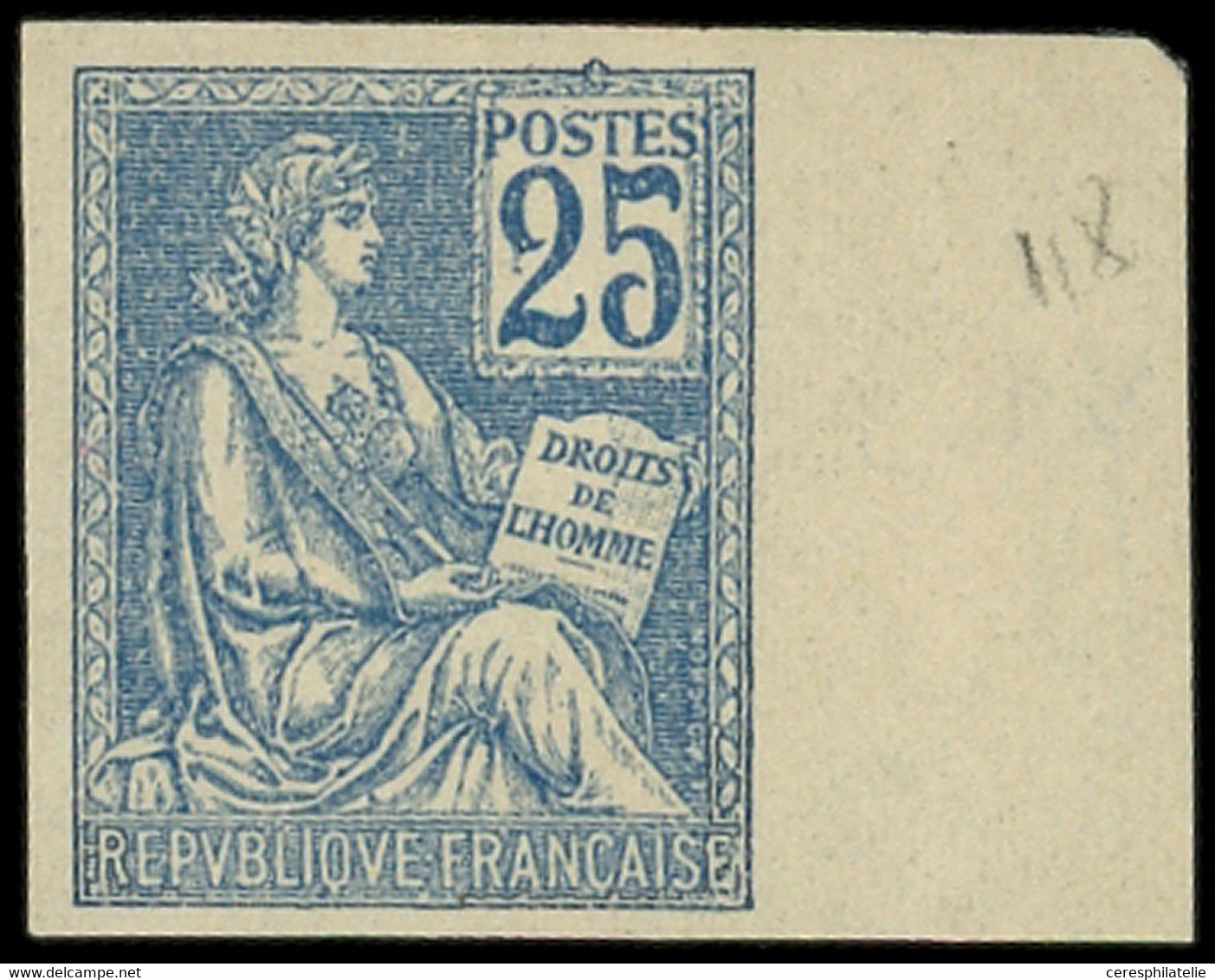 * VARIETES - 118   Mouchon, 25c. Bleu, NON DENTELE Bdf, TB - Unused Stamps