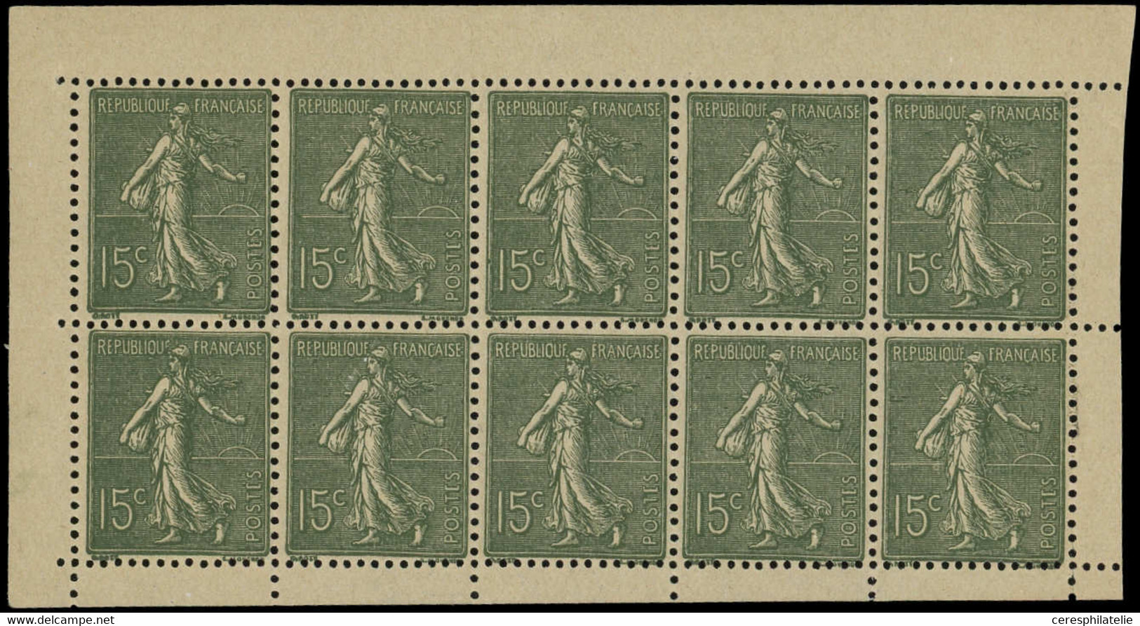 ** VARIETES - 130   Semeuse Lignée, 15c. Vert-gris, T V De Carnet, Feuillet De 10 T. Vert-noir Sur Papier Gris, Superbe - Unused Stamps