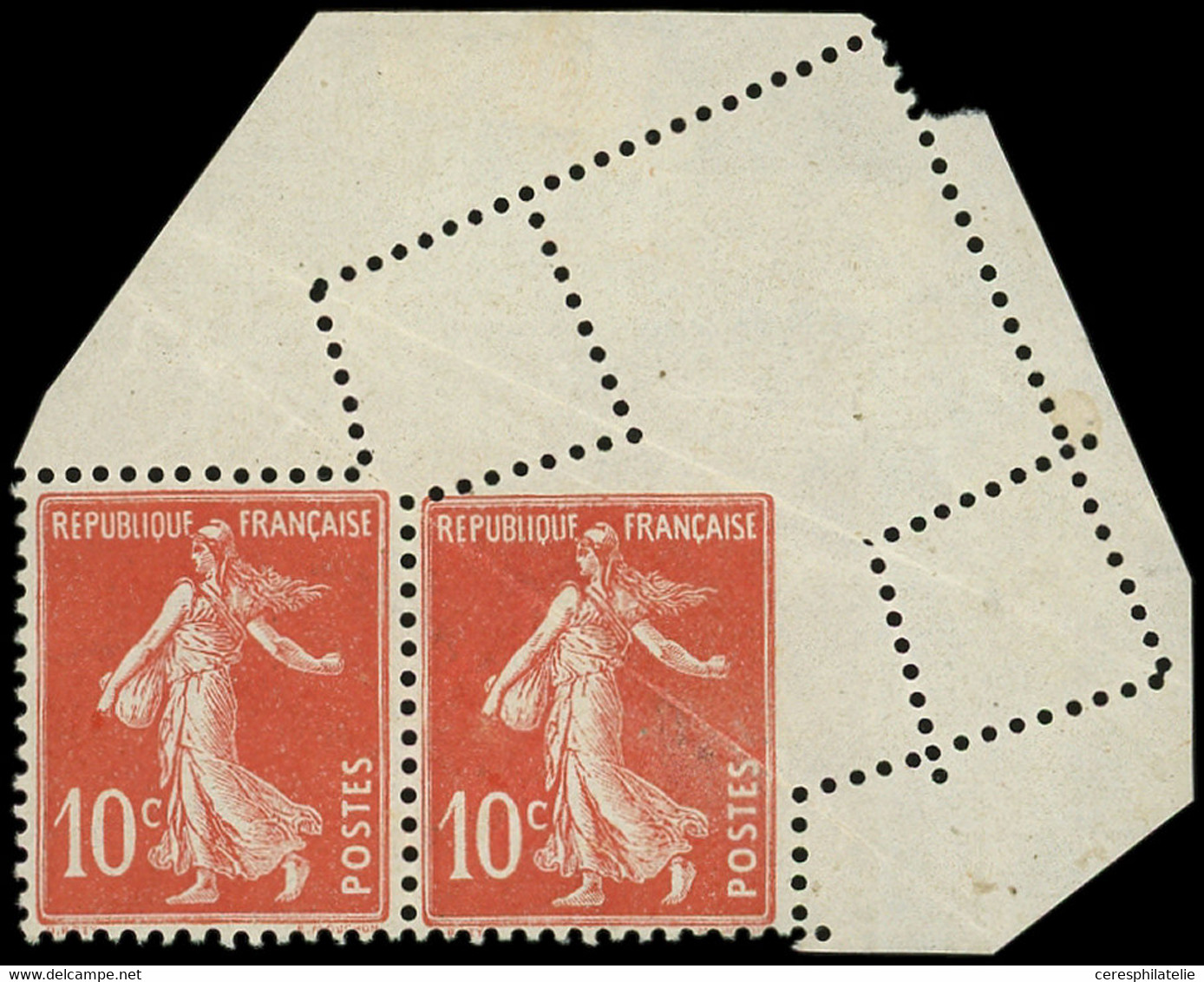 ** VARIETES - 138q  Semeuse Camée, 10c. Rouge, Spectaculaire Variété De PIQUAGE Dans Une Paire Cdf, TTB - Unused Stamps