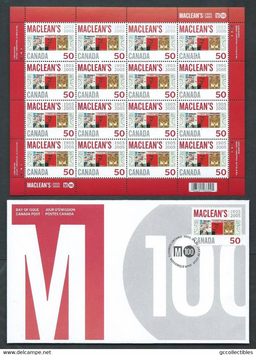 Canada # 2104 - Full Pane Of 16 MNH + FDC - Maclean's Magazine - Ganze Bögen